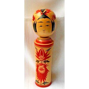 Japanese Kokeshi Doll Floral Design  Flowers 12  “ Signed Maker Mark
